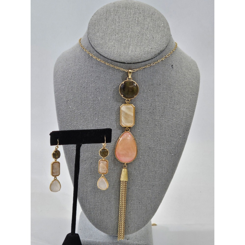 Spartina 449 Gold-Tone Necklace and Earrings with Peach, Ivory and Olive Stones